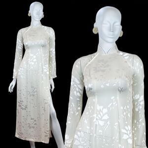 VTG White Silk Satin Cheongsam Blouse Tunic Floral Bridal Korean Áo Dài Wedding